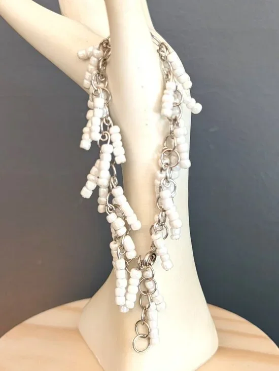 White beaded hanging fringe silver tone bracelet - Picture 3 of 8